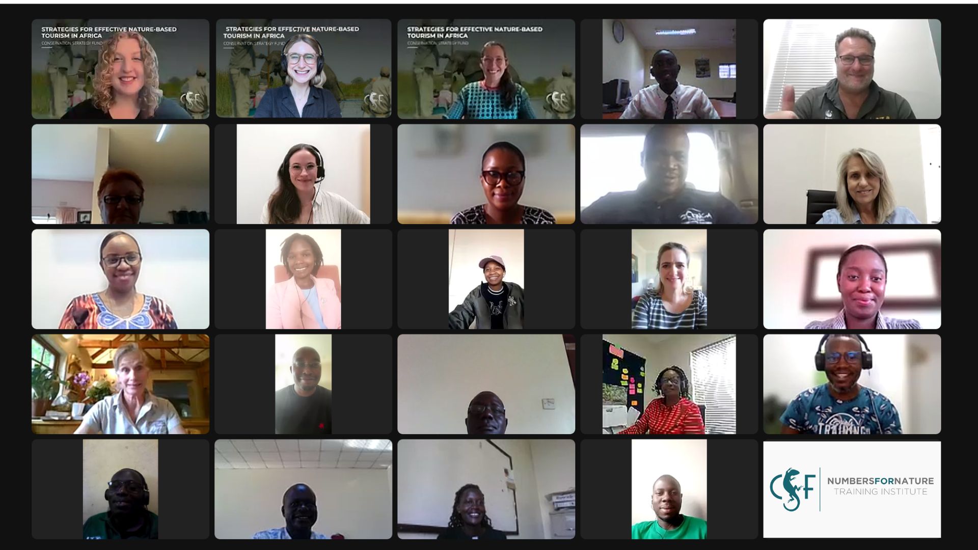 Course staff and participants smile together in each of their Zoom windows. The CSF Numbers for Nature logo is at the bottom right corner 